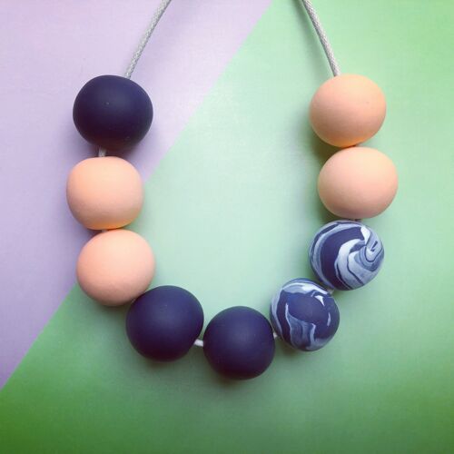 Peach & navy marbled polymer clay necklace