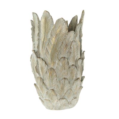 Vaso in poliestere con design a piume, 27,5 x 24,5 x 45 cm, grigio/oro, 809644