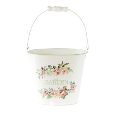 Metal planter with handle, 17.5 x 11.5 x15.5cm, white/pink, 810091