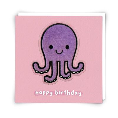 Tarjeta de felicitación de pulpo violeta con parche de peluche reutilizable