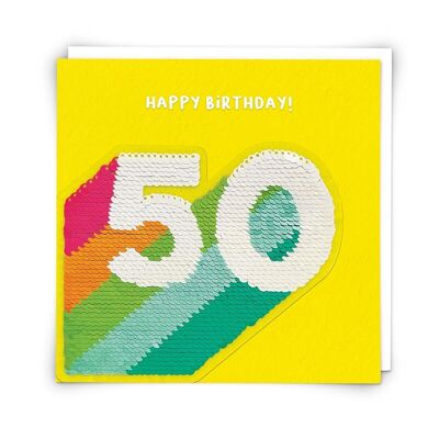 Tarjeta de felicitación Stripe 50 con parche de lentejuelas reutilizable