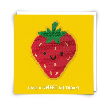 Carte de vœux aux fraises avec patch à paillettes réutilisable