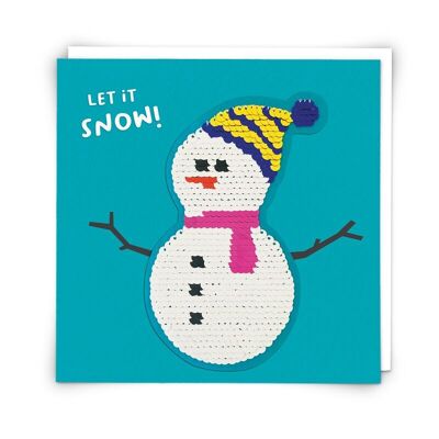 Weihnachts-Schneemann-Grußkarte mit wiederverwendbarem Paillettenaufnäher