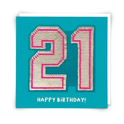 Tarjeta de felicitación de lentejuelas Twenty One con parche de lentejuelas reutilizable