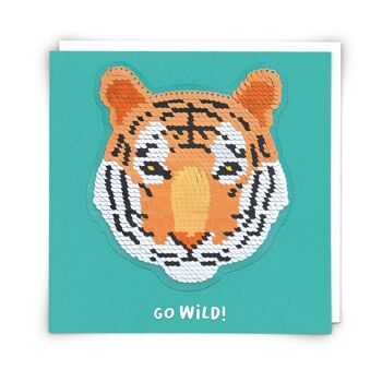 Carte de vœux Tigre avec patch à paillettes réutilisable