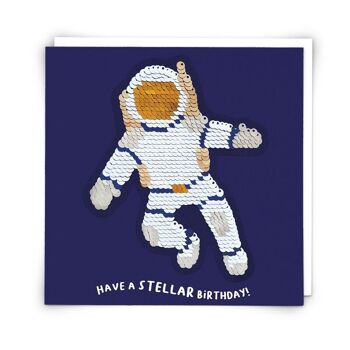 Carte de vœux Spaceman avec patch à paillettes réutilisable