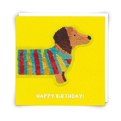 Carte de vœux pour chien à paillettes avec patch à paillettes réutilisable