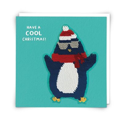 Tarjeta de felicitación de pingüino navideño con parche de lentejuelas reutilizable