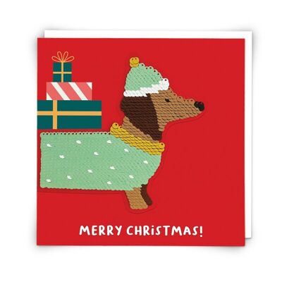 Weihnachts-Hundegrußkarte mit wiederverwendbarem Paillettenaufnäher