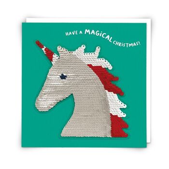 Carte de vœux Licorne de Noël avec patch à paillettes réutilisable