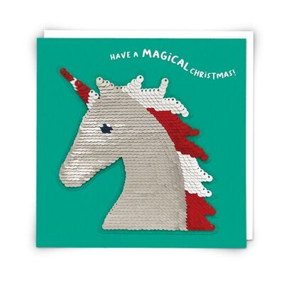 Tarjeta de felicitación navideña de unicornio con parche de lentejuelas reutilizable