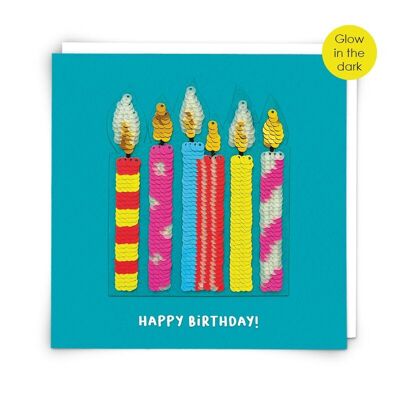 Tarjeta de felicitación Glow Candles con parche de lentejuelas reutilizable