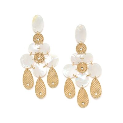 LES RADIEUSES-MAY white mother-of-pearl multi-disc push earrings and openwork tassels
