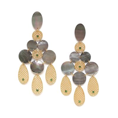 LES RADIEUSES-MAY black mother-of-pearl multi-disc push earrings and openwork tassels