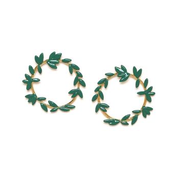 LES RADIEUSES-DIOSA   boucles d'oreilles couronne de feuillage émaillée "vert" 1