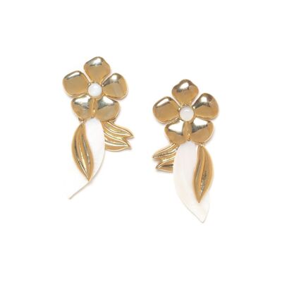 LES RADIEUSES-YSA push earrings large flower and white mother-of-pearl leaf