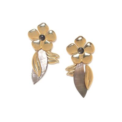 LES RADIEUSES-YSA push earrings large flower and black mother-of-pearl leaf