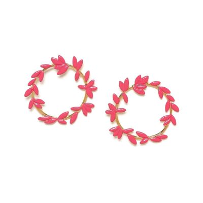 LES RADIEUSES-DIOSA “pink” enameled foliage crown earrings