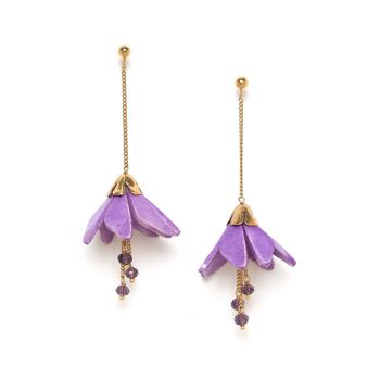 LES RADIEUSES- CLOCHETTE   boucles d'oreilles poussoir fleur de coco pendantes violettes 1