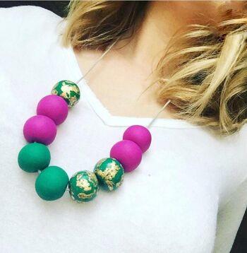 Collier vert/rose en pâte polymère scintillante 1 1