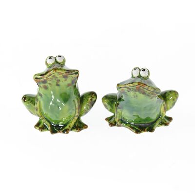 Stoneware frog sitting, 2 assorted., 8.5 x 6 x 9.5 cm, green, 808050