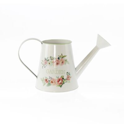 Metal watering can with rose decoration, 27.5 x 13 x 13.5 cm, white/pink, 810084
