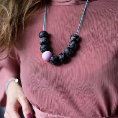 Pale pink & black clay bead necklace