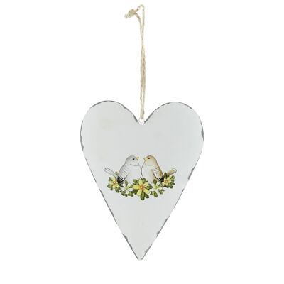 Metal pendant heart m.Pair of birds, 20 x 2.5 x 26 cm, white/yellow, 810275