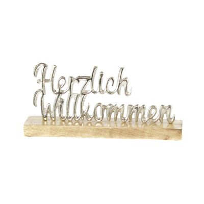 Inscription en aluminium Herzlich Willk., 28 x 5 x 13 cm, argent/marron, 812965