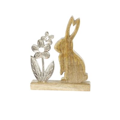 Mango wood bunny with flower, 18.5 x 3.5 x 23cm, silver/natural, 801419