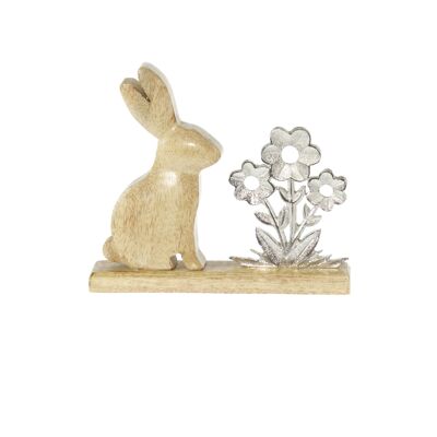 Lapin en bois de manguier avec fleurs en aluminium, 22 x 3,5 x 19,5 cm, naturel, 801983