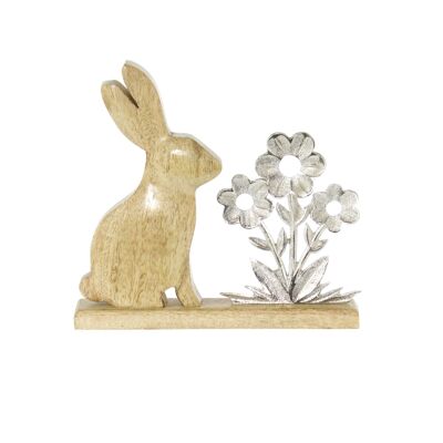 Coniglio in legno di mango con fiori in alluminio, 25,5 x 3,5 x 24 cm, naturale, 801990