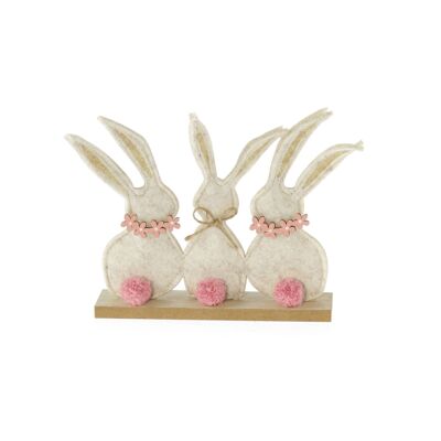 Felt bunny trio on a wooden base, 21 x 4 x 15 cm, beige/pink, 805967