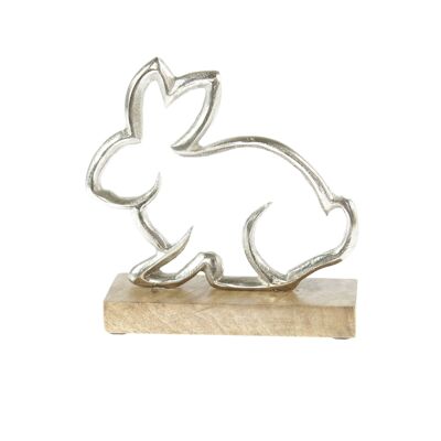Aluminum rabbit a. Wooden base small, 17 x 5 x 16 cm, silver/brown, 812804