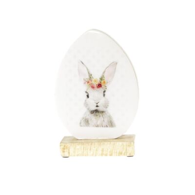 Uovo di legno su base con immagine di coniglio, 15 x 5 x 22 cm, bianco, 813856
