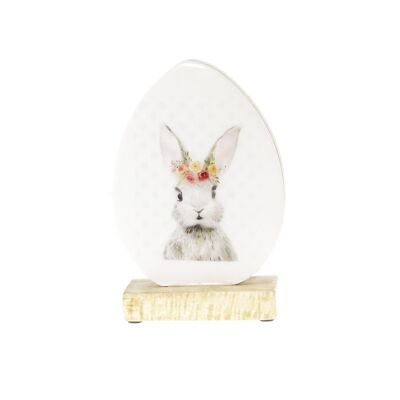 Oeuf en bois sur socle avec image de lapin, 15 x 5 x 22 cm, blanc, 813856