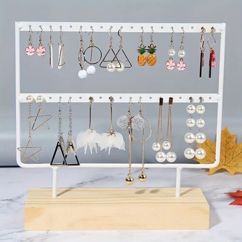 Modern table metal jewelry box with wooden base for earrings in white color. 29x20.5cm SD-097B