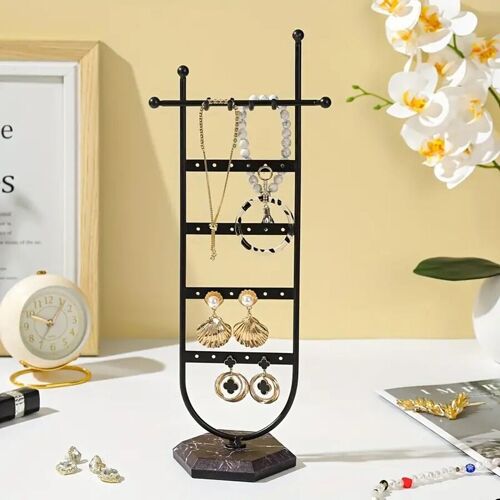 Modern table metal jewelry case for earrings, pendants, bracelets and accessories in black. 15x35cm SD-098A