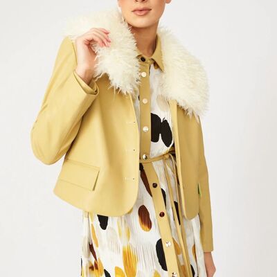 Yellow Faux Leather Jacket With Faux Shearling Collar
