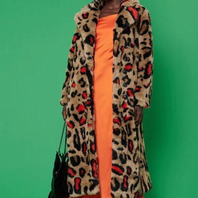 Maxi cappotto con stampa leopardata in pelliccia sintetica rossa