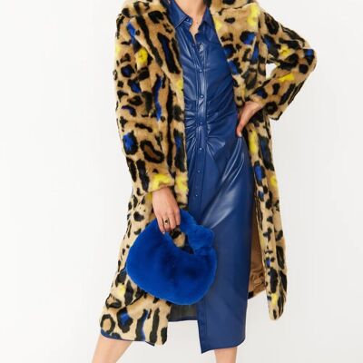 Manteau long bleu en fausse fourrure à imprimé léopard