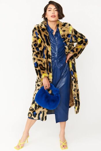 Manteau long bleu en fausse fourrure à imprimé léopard 1
