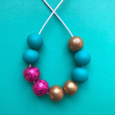 Sparkly pink, gold & jade green necklace