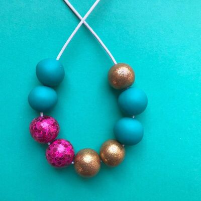 Sparkly pink, gold & jade green necklace
