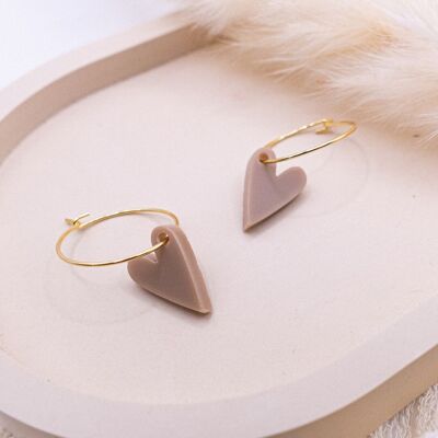Hoop earrings heart beige - earrings brown heart in gold