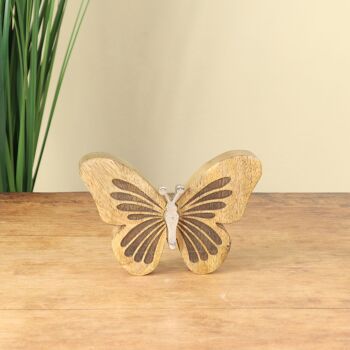 Papillon en bois de manguier, 15 x 3,5 x 10 cm, naturel/argent, 801433 2
