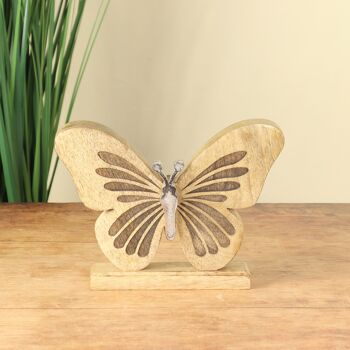 Papillon en bois de manguier, 20,5 x 3,5 x 15 cm, naturel/argent, 801440 2