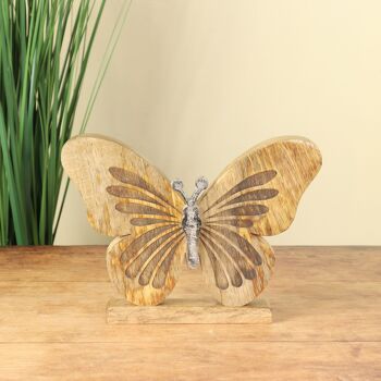 Papillon en bois de manguier, 25 x 3,5 x 18 cm, naturel/argent, 801457 2