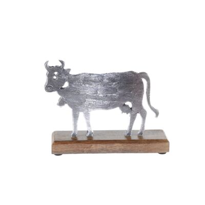 Vaca de aluminio sobre base de madera, 20 x 5 x 16 cm, plateada, 802096