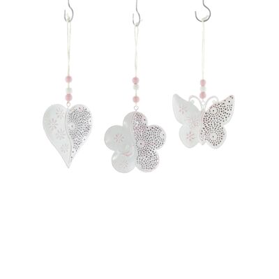 Metal hanger Schm./flower/heart, 9 x 1.5 x 18 cm, pink/white, 802980